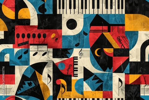 A colorful and abstract painting of musical instruments and notes