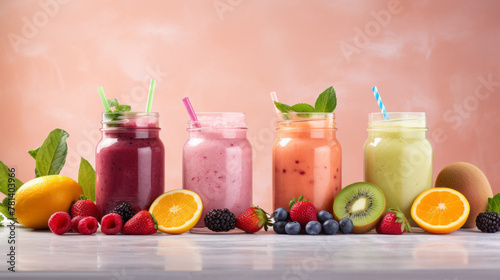 Assorted Smoothies with Fresh Berries and Citrus on Light Background