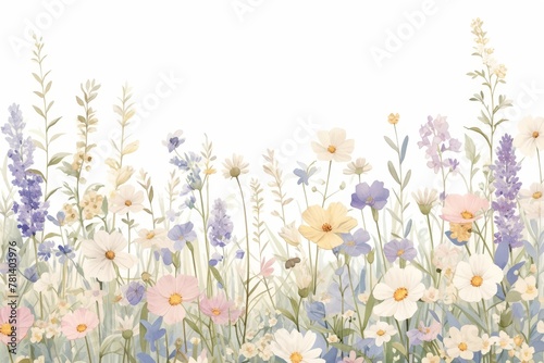 watercolor wildflowers and grasses, white background, pink purple green yellow blue color scheme