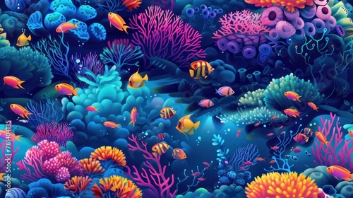 A colorful underwater scene with many fish swimming around © Thanyaporn