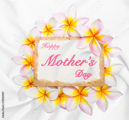 Happy Mother's day card with flower on white fabric background, greeting card design idea