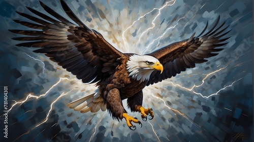 Concept artwork of an eagle soaring over thunder and lightning. Beasts of wild beauty, fierce and ambitious, chasing birds of prey. dynamic and abstract expressions in oil paintings. Using Generative 