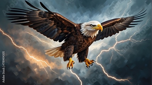 Concept artwork of an eagle soaring over thunder and lightning. Beasts of wild beauty, fierce and ambitious, chasing birds of prey. dynamic and abstract expressions in oil paintings. Using Generative  photo