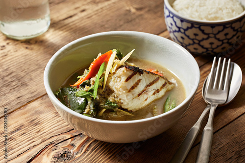 Thai curry with white fish and vegetables photo