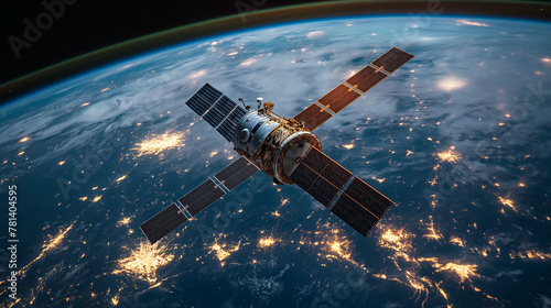 Telecommunication technology network around Earth for internet, 5G cellular data connection, blockchain, IoT, world finance or smart cities. Global satellite communications, space.