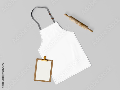 3D render for white apron on gray background ,menu table and roller.