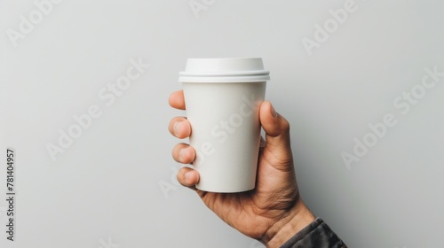 Mockup of male hand holding a Coffee paper cup isolated