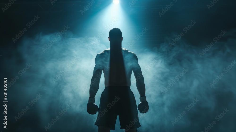 A boxer's silhouette stands ready in the spotlight, a symbol of power and preparation for victory, captured in vivid 4k - obrazy, fototapety, plakaty 