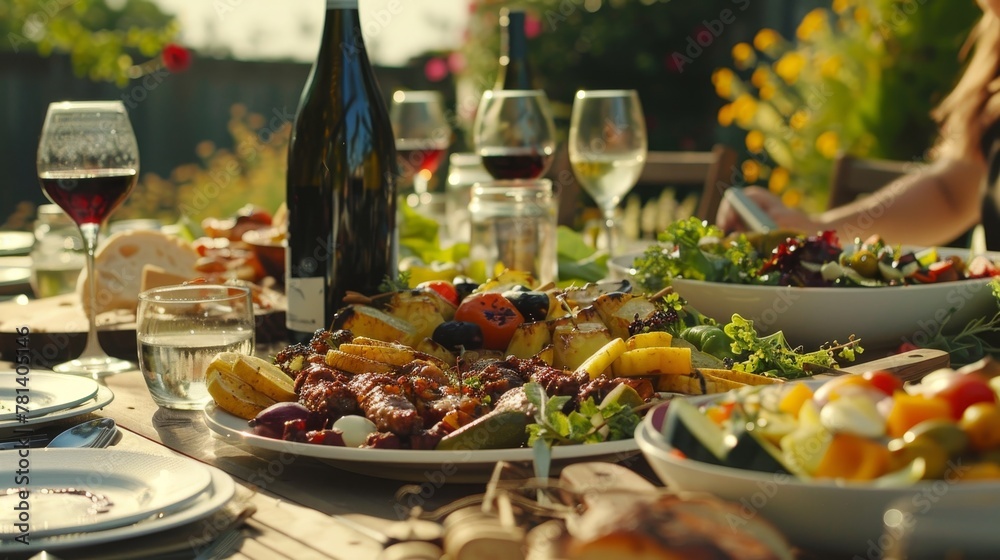A detailed view of a backyard feast, capturing the essence of friendship, BBQ, salads, and fine wine, all in 4k