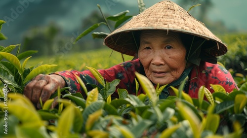 A diligent woman in lush tea fields, meticulously picking leaves, captured in a realistic close-up, 4k