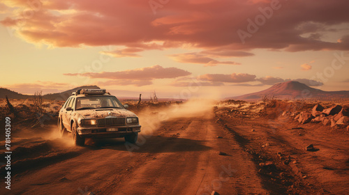 Luxury Sports Car Race With Explosions and Sand Dust Race in The Desert Mountain Rang photo