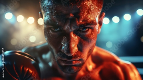 Boxer in fighting stance, glowing under the ring lights, focus and determination on face, ready for victory in 4k photo