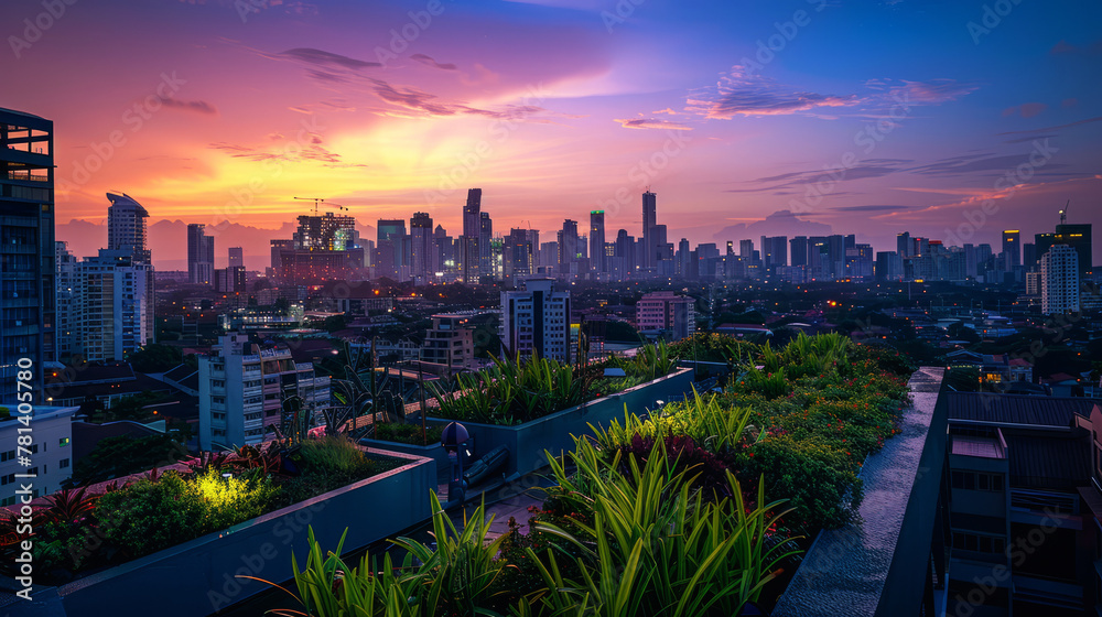 Vibrant Sunset Over Modern Cityscape with Dramatic Skyline