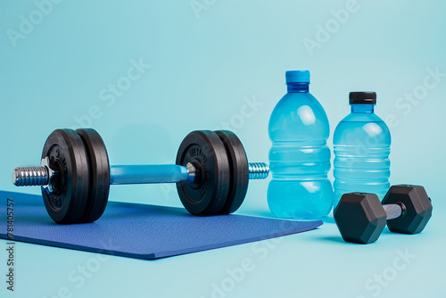Dumbbells, a yoga mat, and a water bottle for a fitness theme . photo on white isolated background