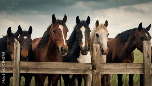 Portrait of group of horses standing behind wooden fence on the farm. Beautiful animal pet mammal photography illustration concept. Equus ferus caballus. photo