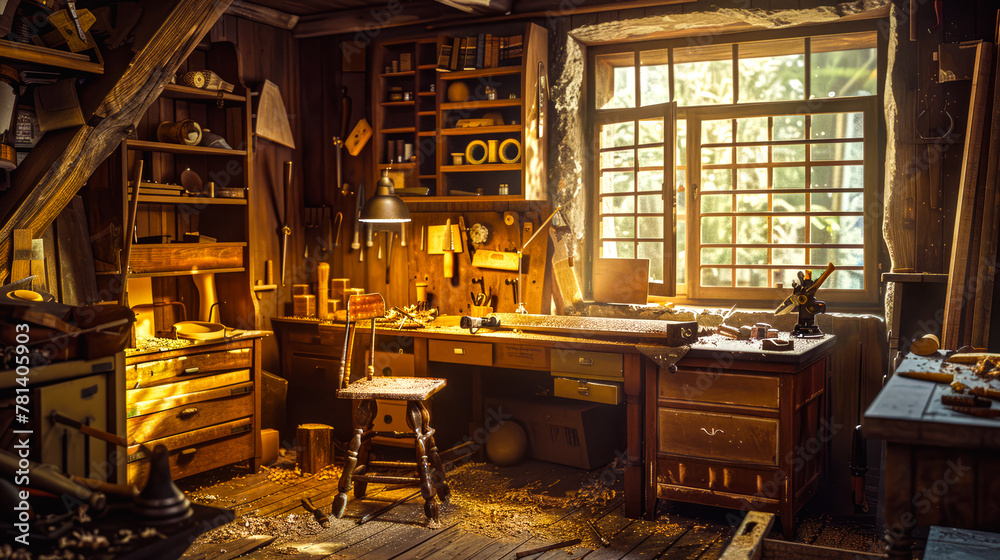 Vintage Woodworking Workshop Interior with Sunlight Through Window