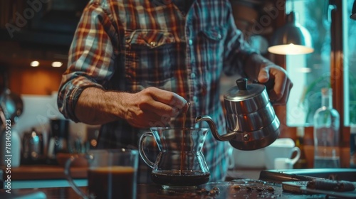 Man using Italian classic Moka coffee pot pouring, coffee maker with equipment tool photo