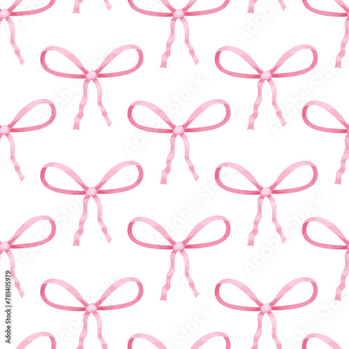 Coquette pink bow ribbon seamless pattern, elegant cute fabric print wallpaper on light background.