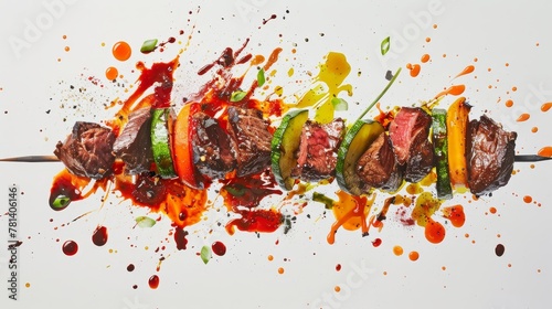 Floating feast of grilled steak pieces and veggies, magically aligning into a skewer over white canvas