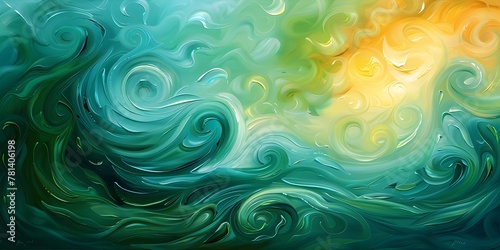 Serene and Imaginative Abstract Painting with Mesmerizing Turquoise Swirls and Flowing Shapes Depicting a Tranquil and Whimsical Landscape photo