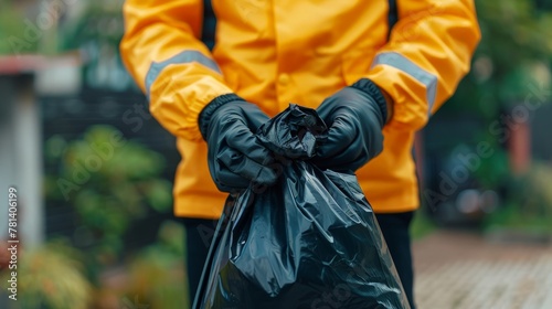 Closeup man holds black plastic bag that contains garbage inside. Concept , Waste management. Environment problems.