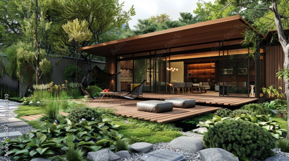 exterior with hardwood decor. contemporary garden.