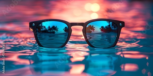 Trendy Turquoise Sunglasses Reflecting a Serene Tropical Sunset Landscape photo