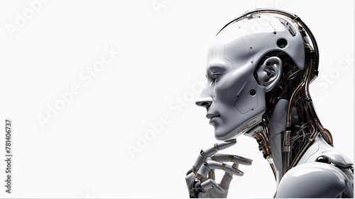 Thoughful robot face isolated on white background, human robot thinking and creating concept  © kusum