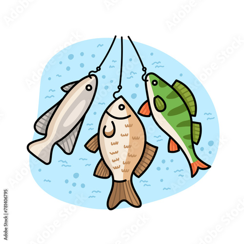 Fish caught on a hook - perch, crucian carp in doodle style isolated on a white background.