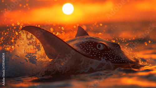A large manta stingray jumping on the surface of the ocean with the background of a sunset
