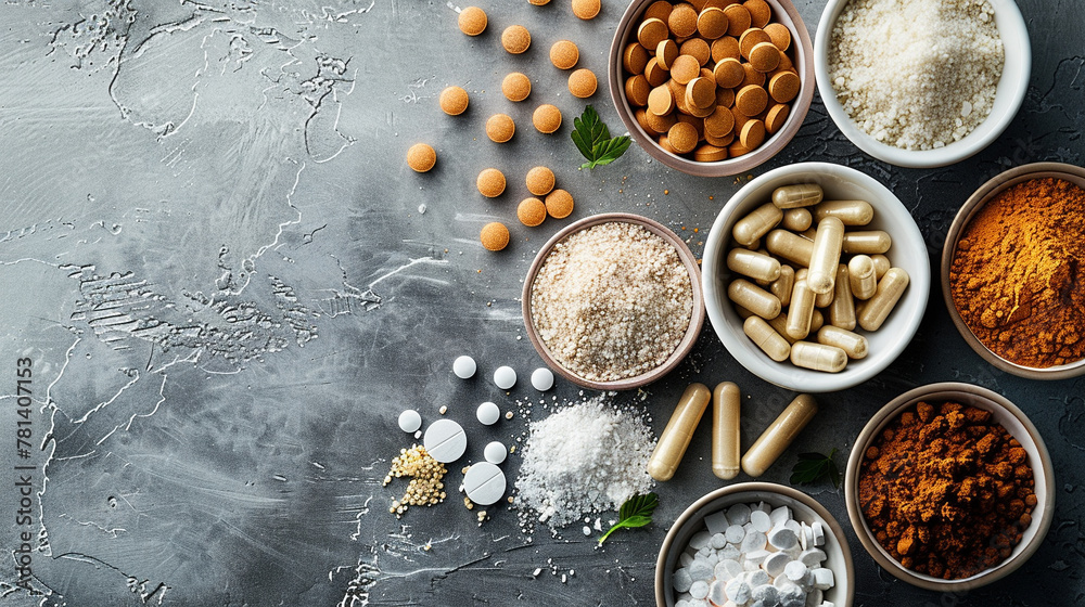 Variety of dietary supplements on gray background with natural ingredients. Variety of dietary supplements on gray background with natural ingredients.