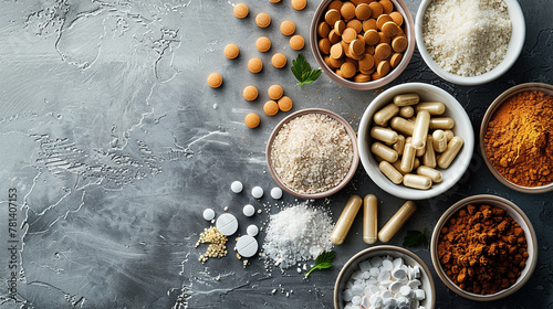 Variety of dietary supplements on gray background with natural ingredients.