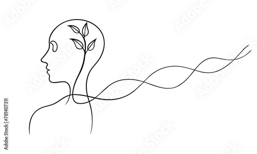Human head with plant inside one line continuous line art vector illustration on white background.
