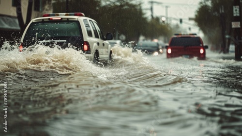 Vehicles Driving Through Flooded City Streets in Rain © Prostock-studio