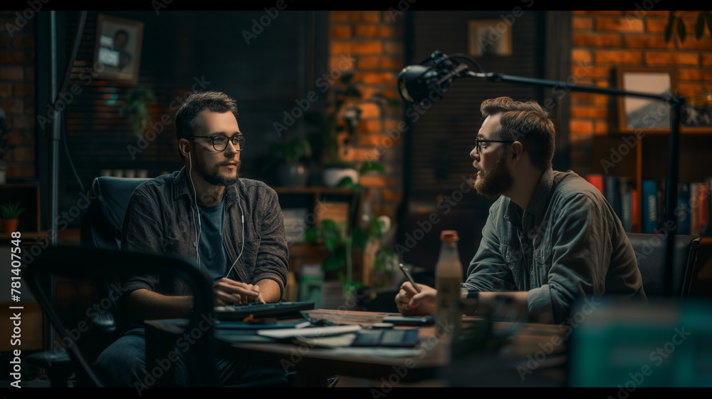Intimate Podcast Discussion in Cozy Studio Late Night Podcast Session with Hosts in Discussion. Generative AI Intimate Podcast Discussion in Cozy Studio Late Night Podcast Session with Hosts in Discussion. Generative AI