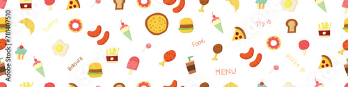 Hand drawn doodles seamless pattern vector design elements set of bread, cupcake, fried chicken, ice cream, lollipop candy, pizza, sausage, omlet. Food elements concept illustration.
