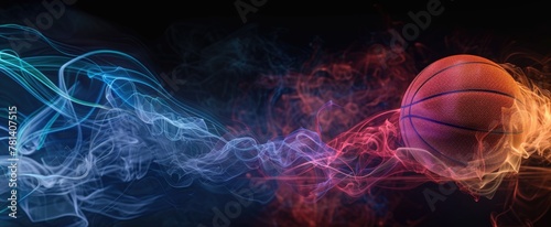Dynamic Basketball in Motion with Vibrant Smoke Trail photo