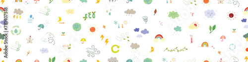 Hand drawn doodles seamless pattern vector design elements set of ecology, storm, sunny, rainy, windy, temperature, moon, rainbow, sun, earth. Eco and weather elements concept illustration.
