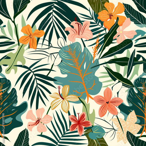 Vibrant tropical floral pattern with various leaves and flowers illustration