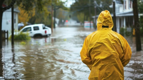 Person in Yellow Raincoat Walking Through Flooded Street © Prostock-studio