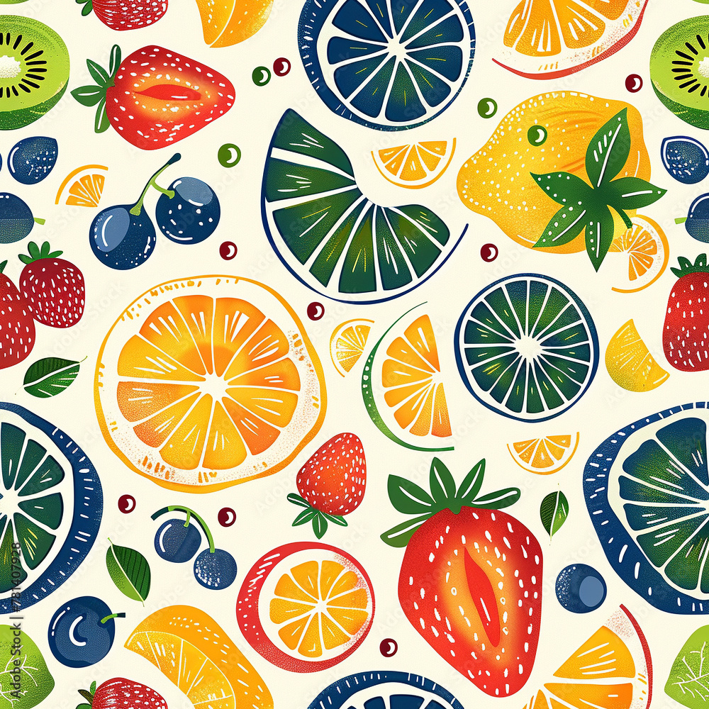 Seamless pattern with various citrus fruits and berries on a playful, colorful background. Seamless pattern with various citrus fruits and berries on a playful, colorful background.
