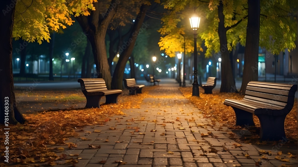 Autumn evening in an urban park, with street lighting softly illuminating the vibrant foliage and vacant seats creating a serene and reflective atmosphere. Take pictures,