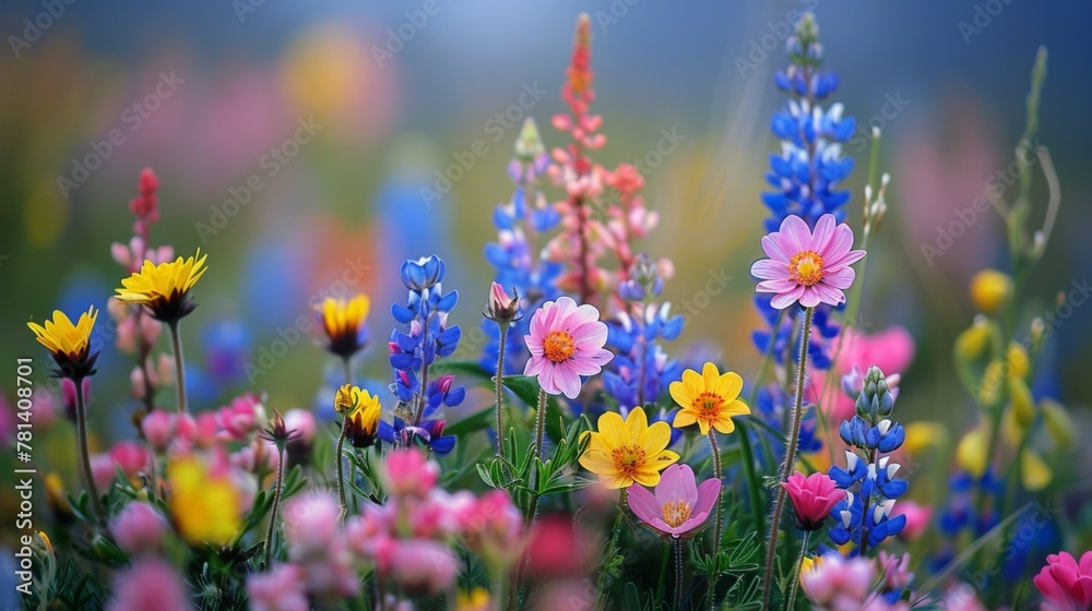 Colorful flowers amidst green grass and pink, yellow hues Colorful flowers amidst green grass and pink, yellow hues