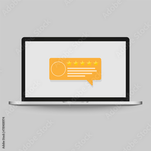 Review rating online feedback experience testimonials bubble speeches on computer vector, flat style laptop reviews stars good, bad rate, concept of customer testimony messages, notifications