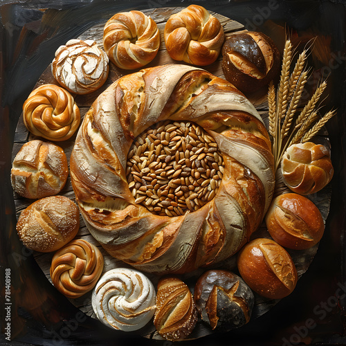An array of various types of bread are displayed in a circle shape