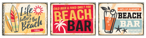 Set of retro beach bar signs with glass of cold drink, palm tree and surfing boards. Summer holiday activities and life style advertisement signs. Vector poster illustration.