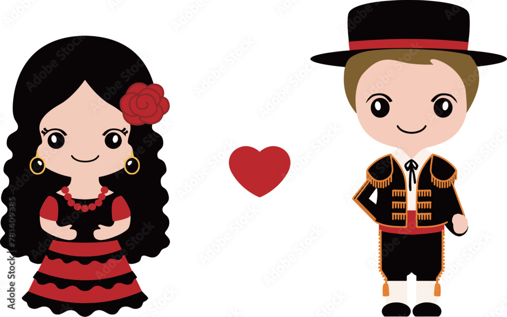 Spanish in national dress. Man and woman in traditional costume. Isolated on white background. Travel to Spain. People. Vector flat illustration. Spanish in national dress. Man and woman in traditional costume. Isolated on white background. Travel to Spain. People. Vector flat illustration.