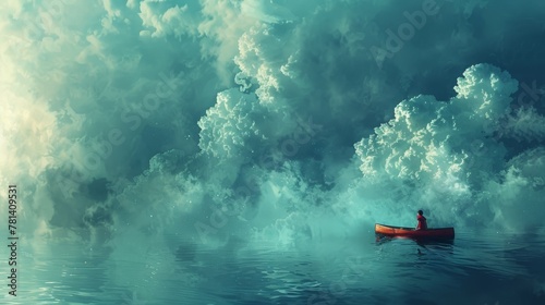 Abstract illustration of a lone figure on a canoe, floating aimlessly in the vastness of the ocean, symbolizing the journey of solitude and self-discovery.