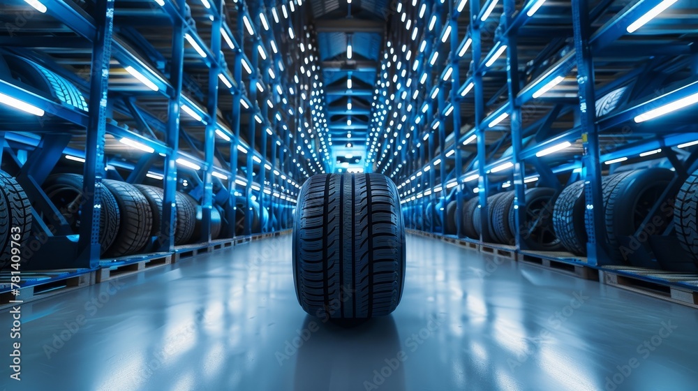 Innovative tire on display in a state-of-the-art warehouse rack, emphasizing readiness for tomorrow's vehicles, in 4k - obrazy, fototapety, plakaty 