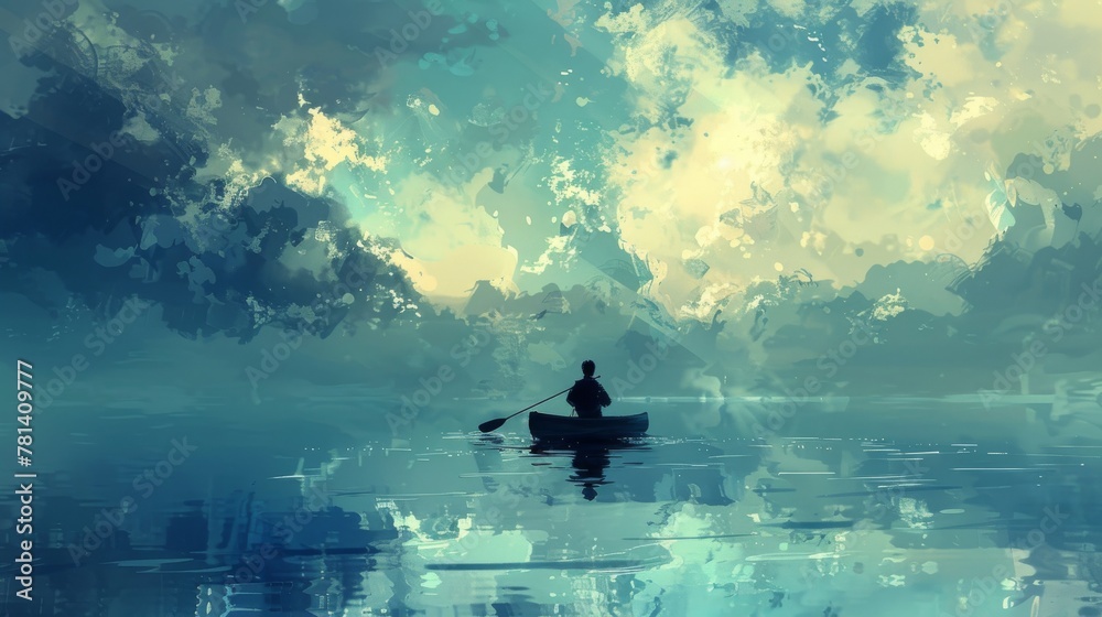 Conceptual illustration of a man lost in the vastness of the ocean, paddling on a canoe amidst calm waters, conveying a sense of solitude and inner reflection. - obrazy, fototapety, plakaty 